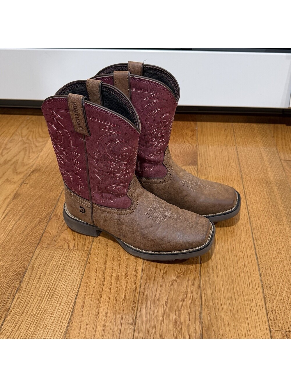 Kids Size 8 Durango Western Boots Leather Square Toe Pull-On Brown/Red W US 2